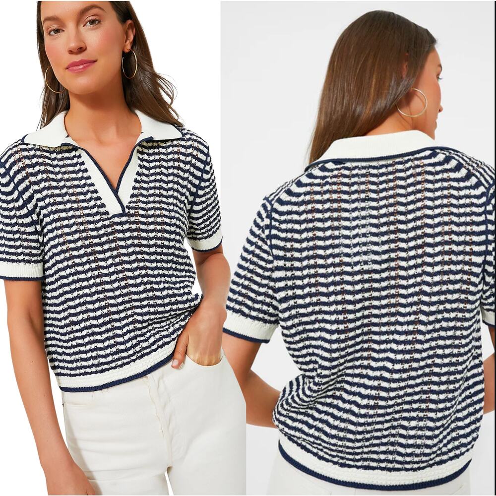 NEW Simkhai Spread Collar Short Sleeve Polo Shirt Midnight Stripe Size: XS